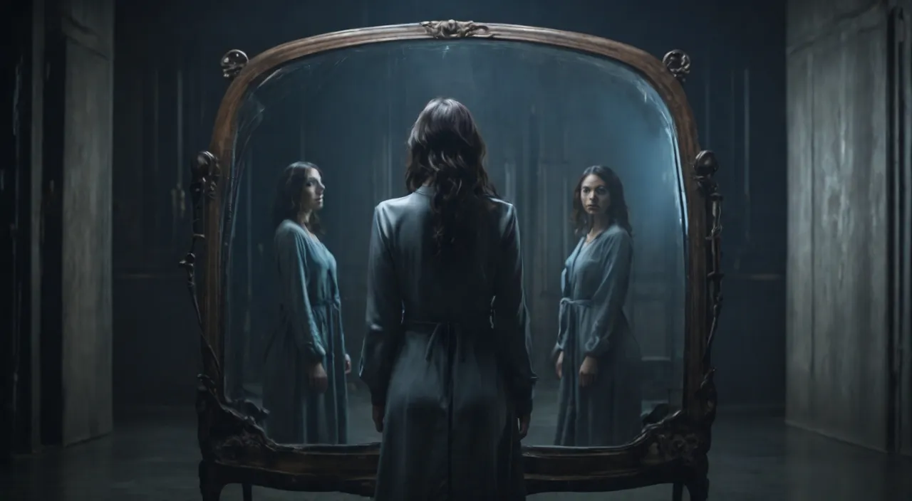 A woman stands in front of a mirror, her image inside the mirror is moving, and the woman is standing in place