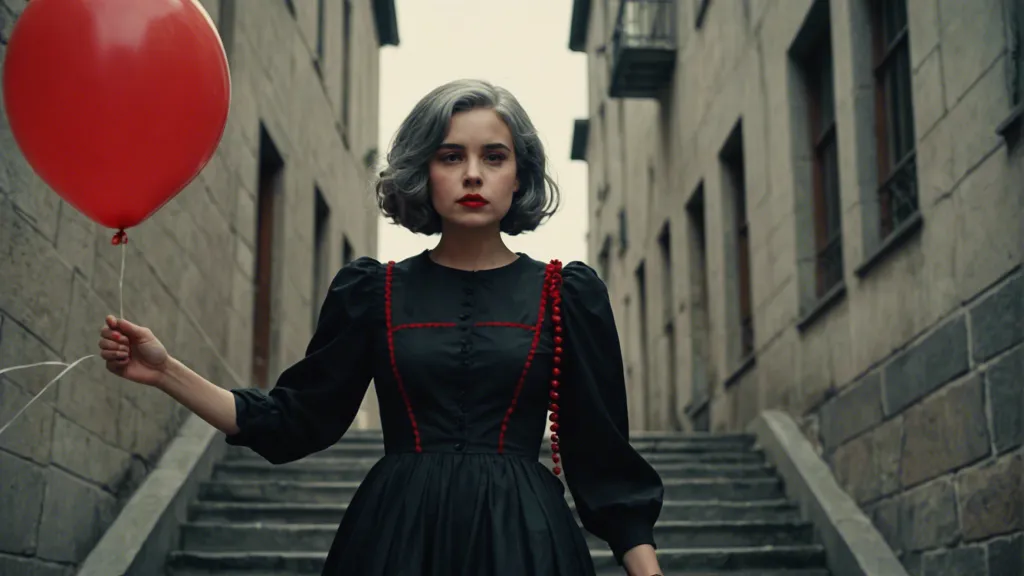 gloomy day a grey hair beautiful girl in black vintage dress walking upstairs with a red balloon in her hand