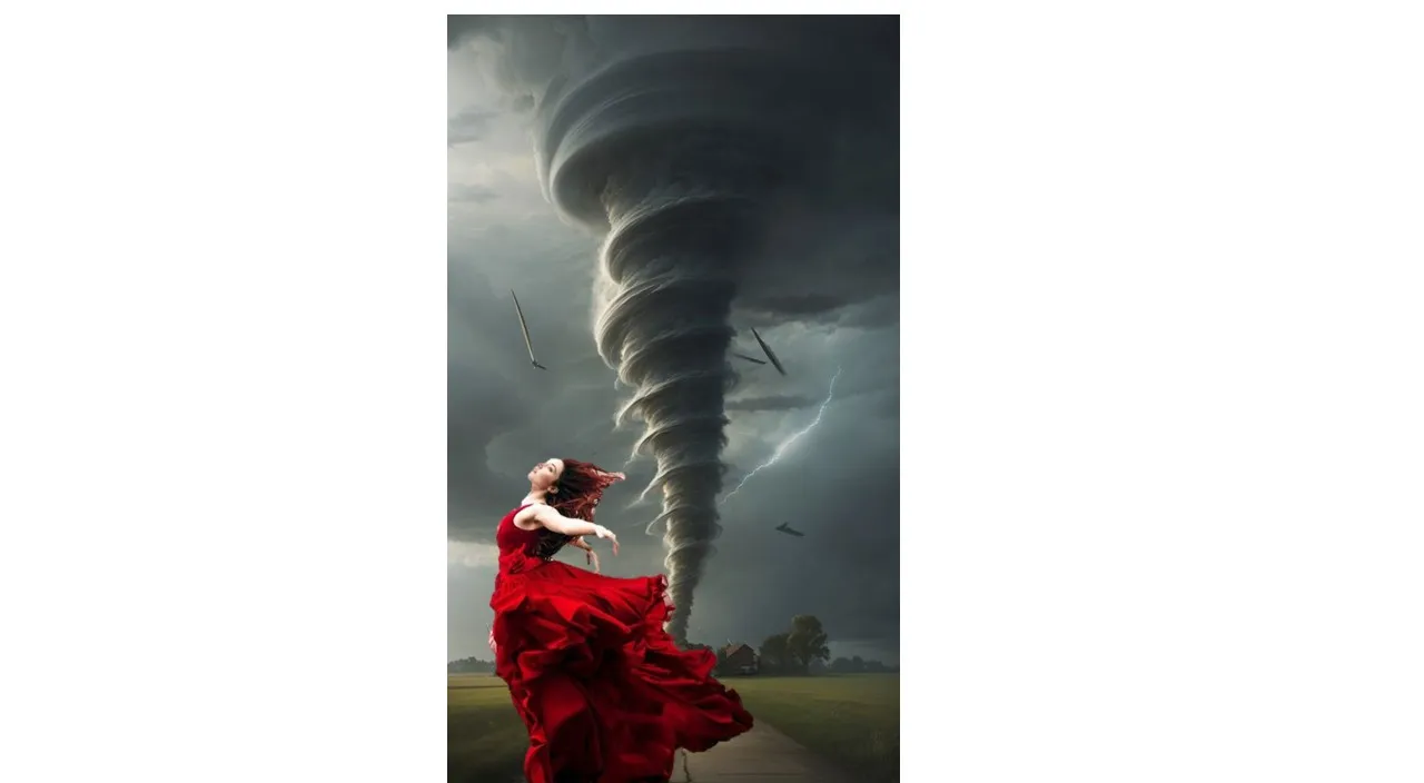 a woman in a red dress standing in front of a tornado