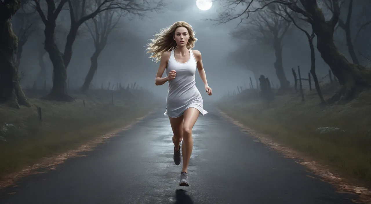 a woman running down a dark road at night