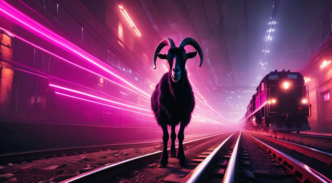 a ram standing on a train track next to a train