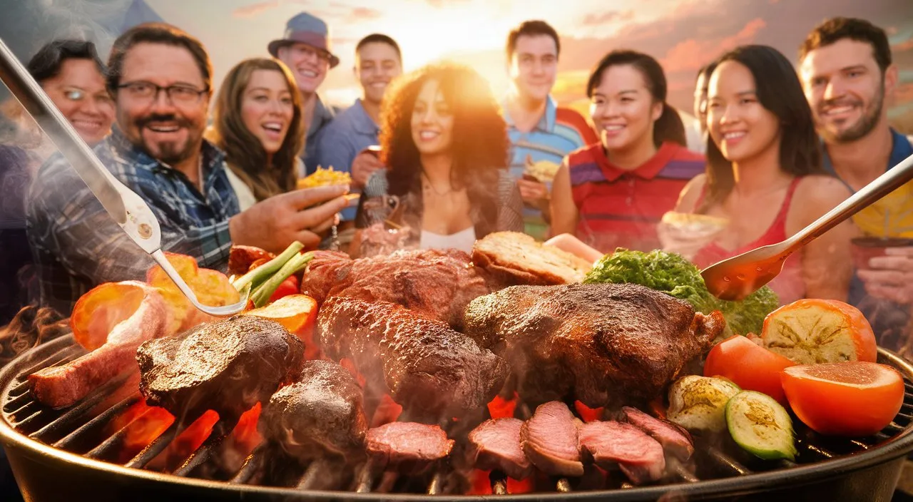 Close-up of a barbecue grill with delicious food sizzling, surrounded by people chatting and laughing, enjoying the feast.