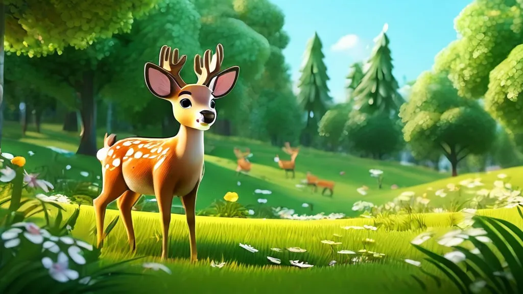 a cute deer standing in the middle of a lush green forest