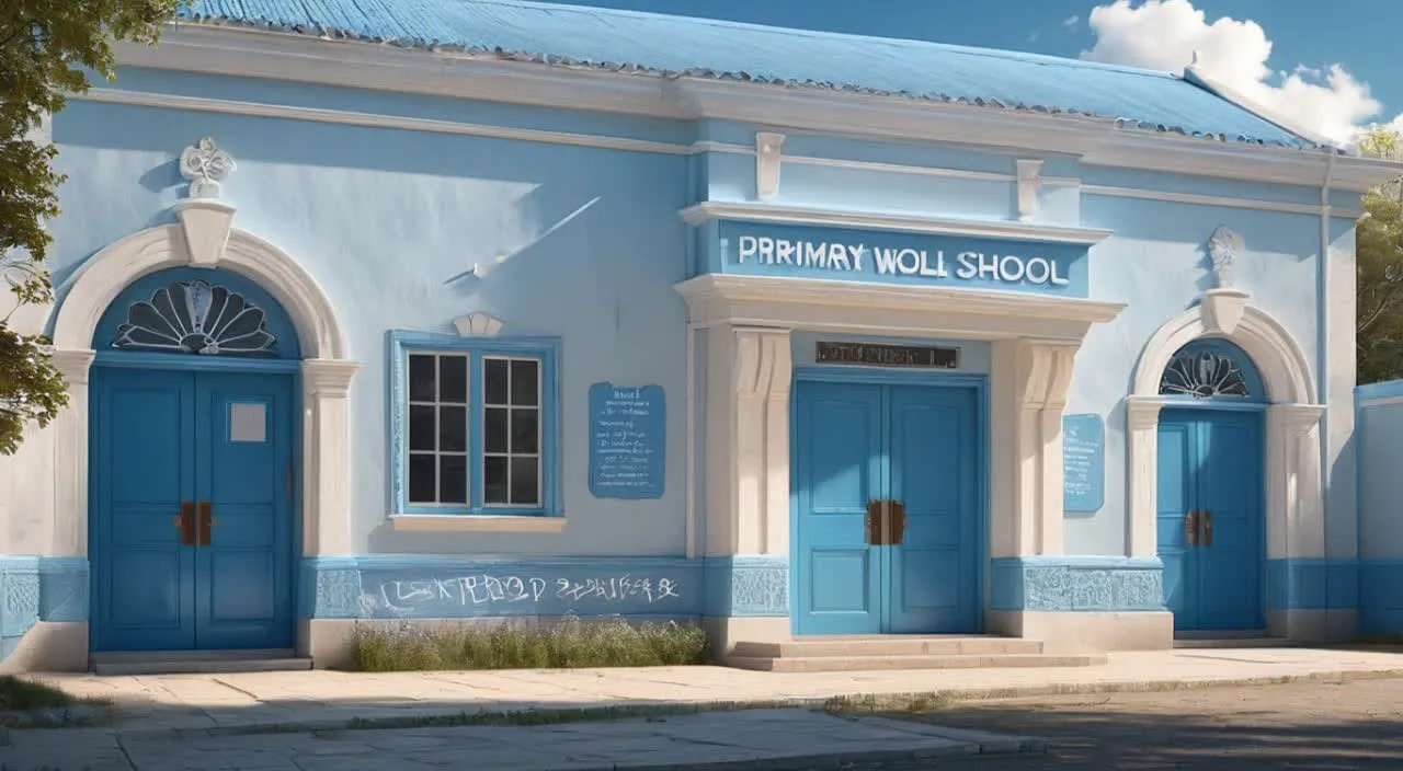 a blue and white building with two blue doors