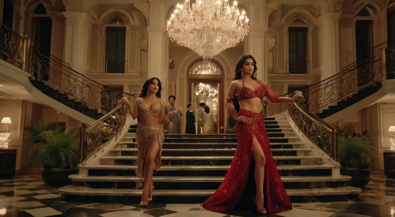 Scene: A glamorous Bollywood starlet performs a item song at a grand mansion party. The luxurious mansion is filled with wealthy guests, lavish decorations, and a grand staircase. Costume: The starlet wears a sparkling red gown with a thigh-high slit, accessorized with diamond jewelry and stilettos. Mood: Luxurious and seductive, with a high-society feel. Camera Angles: Wide shots of the mansion, close-ups of the starlet, and dynamic shots of the guests dancing and mingling.