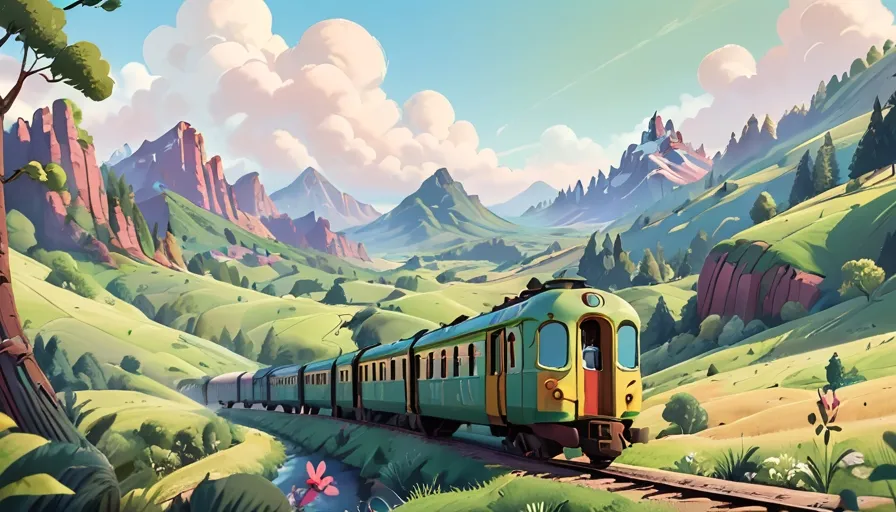 a painting of a train traveling through a mountainous area