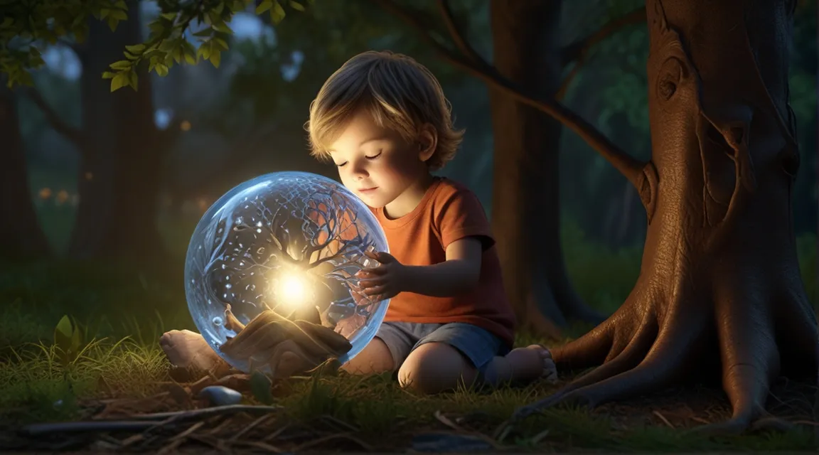 a little boy sitting on the ground holding a crystal ball