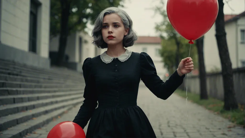 a woman in a black dress walking downstairs holding a red balloon