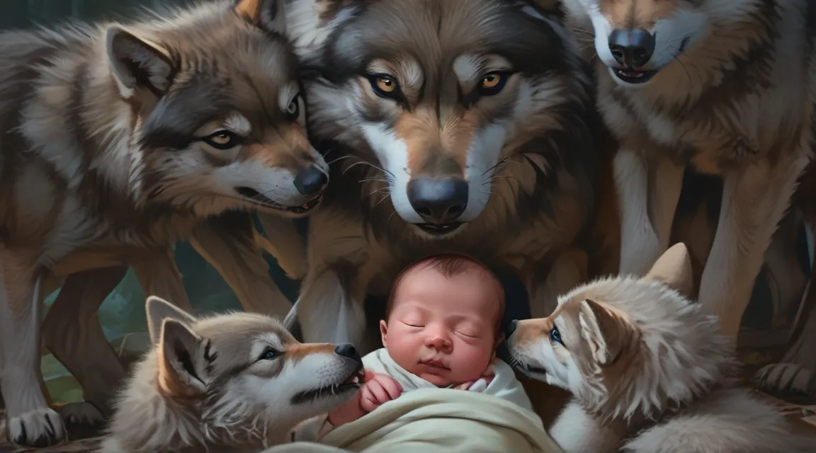 a baby from India curiously & lovingly surrounded by wolfs, in dense jungle