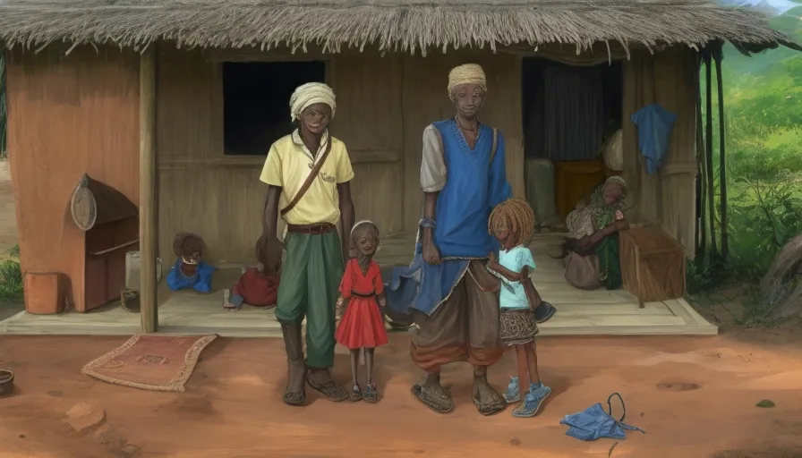 A poor  African village family, 2d animation 