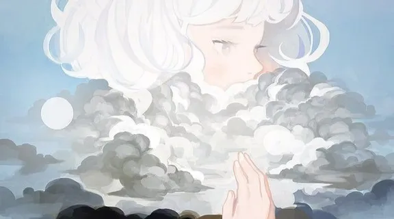 a painting of a woman with white hair and clouds in the background