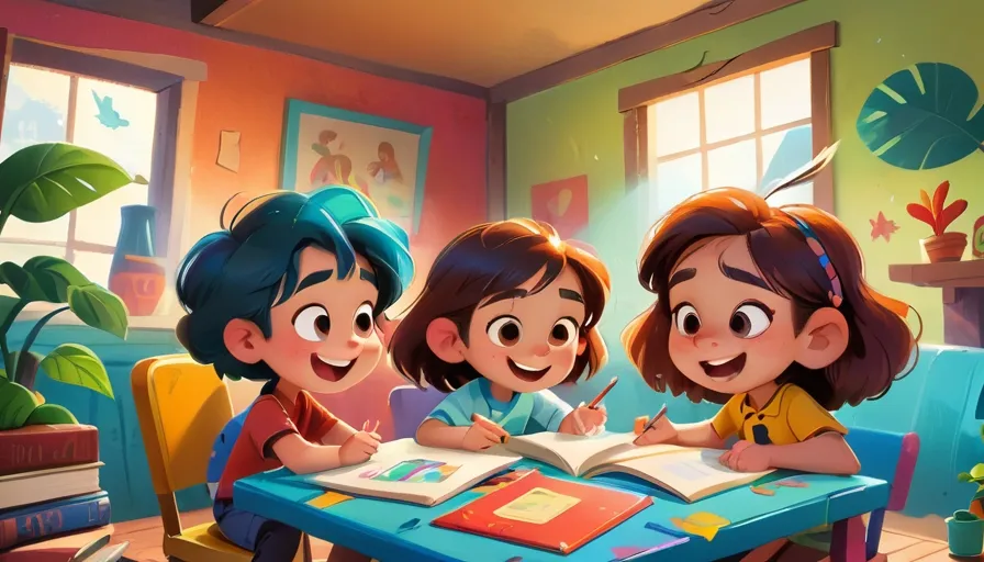 three children sitting at a table with a book