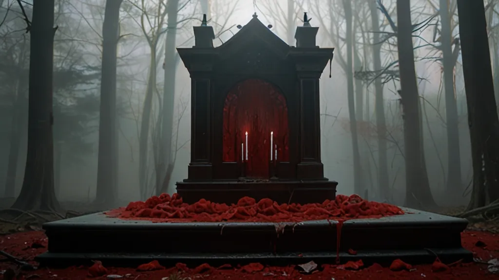 a red throne in the middle of a forest