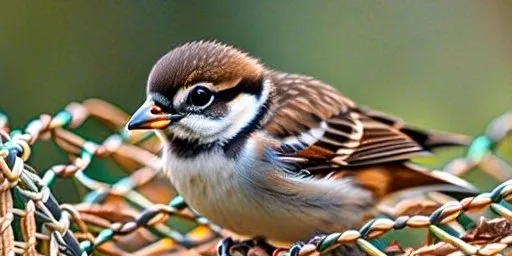 a small bird sitting on top of a woven basket and crying 