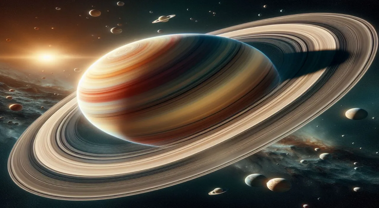 an artist's rendering of the solar system, with saturn in the foreground