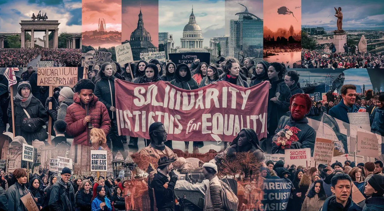 Images and videos showcasing international solidarity movements and protests in support of justice and equality.