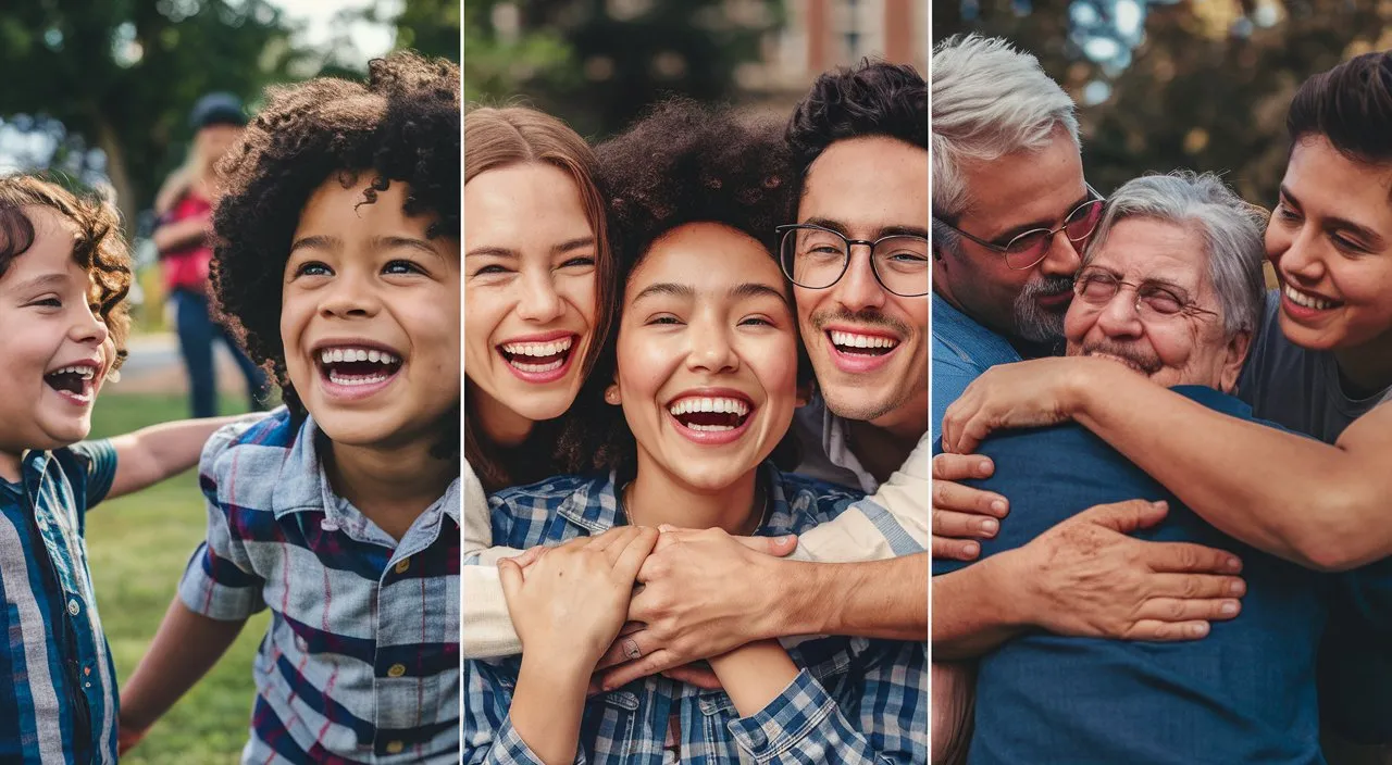 a collage of a group of people hugging  each other and smiling