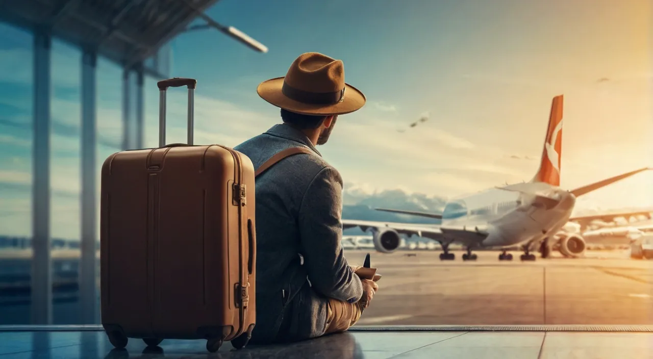 a man sitting on the ground next to a suitcase