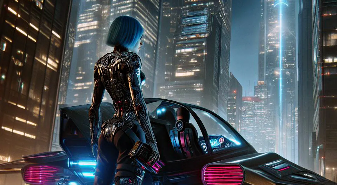 A cyberpunk woman getting into a SPACESHIP in a futuristic city, photorealistic night scene, cinematic.