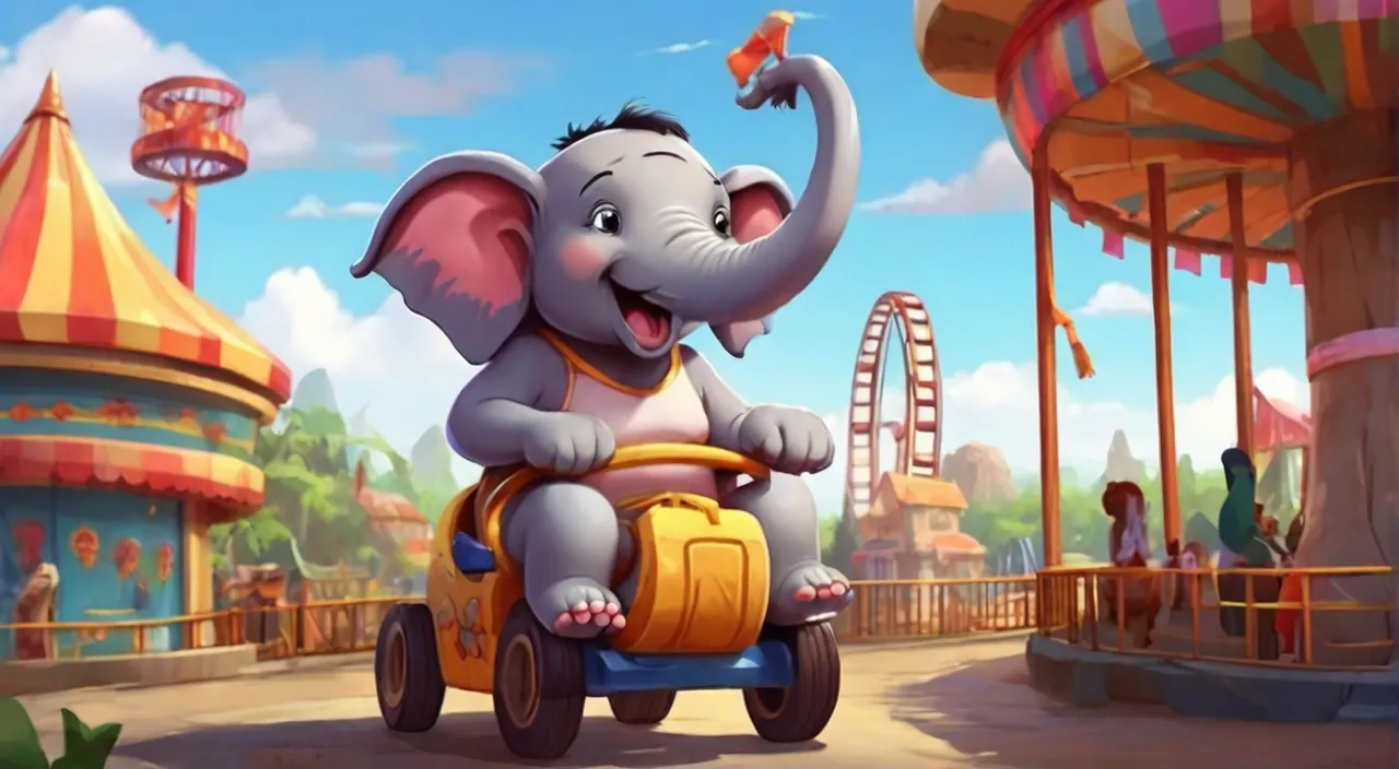 an elephant riding a toy car in a carnival. Cartoon 