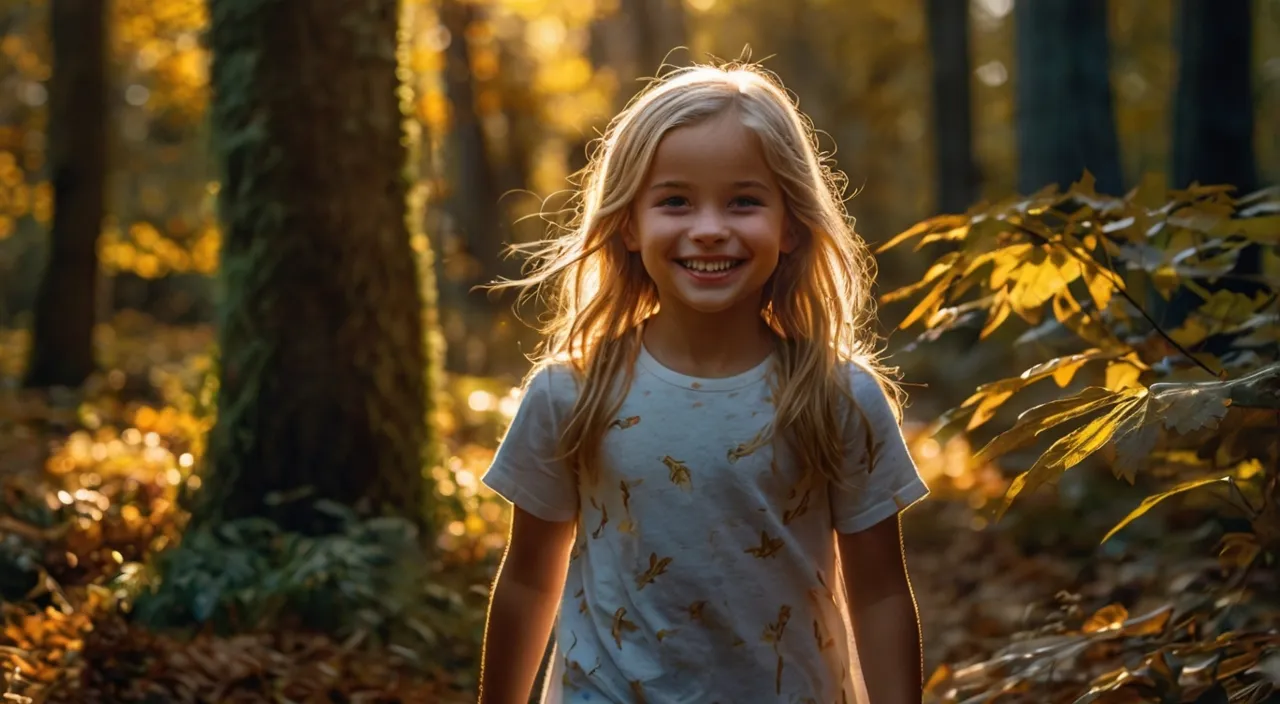 a little girl standing in the woods with a smile on her face