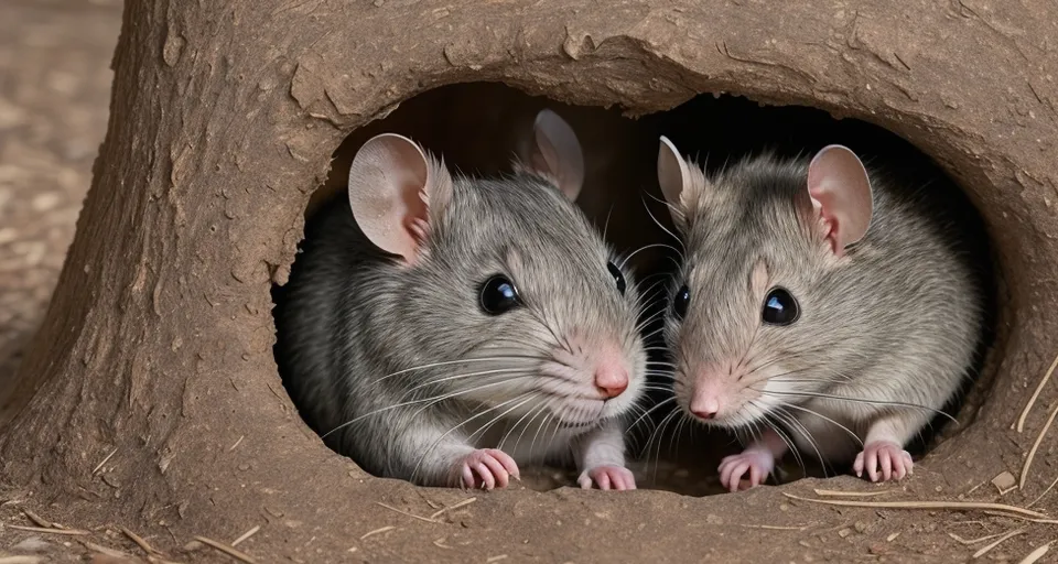 a couple of mice that are in a hole moving slowly, looking fantastic. 