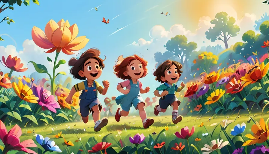 a group of children running through a field of flowers