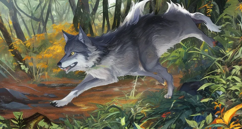 a wolf running through a forest