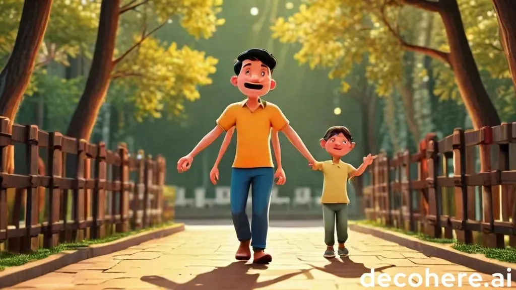 a father and son walking down a path in the park