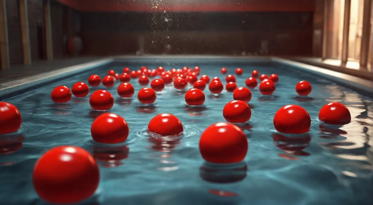 a bunch of red balls floating in a pool of water