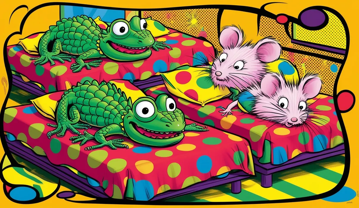 a bed with three bedspreads and two mice on it