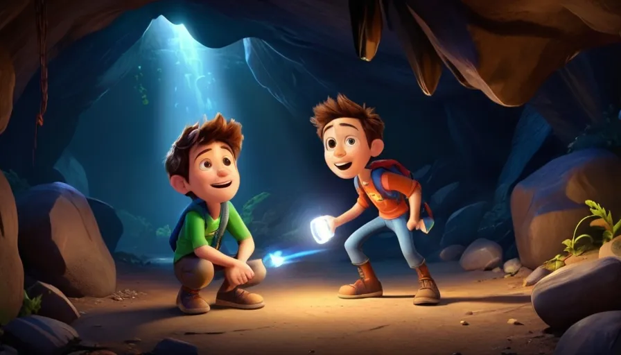 a couple of 2 kids in a cave with a flashlight