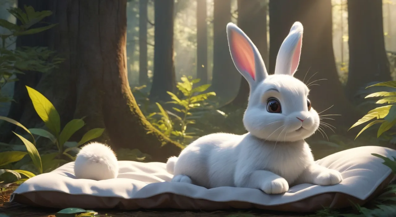 a white rabbit sitting on top of a blanket in a forest waking up from sleep