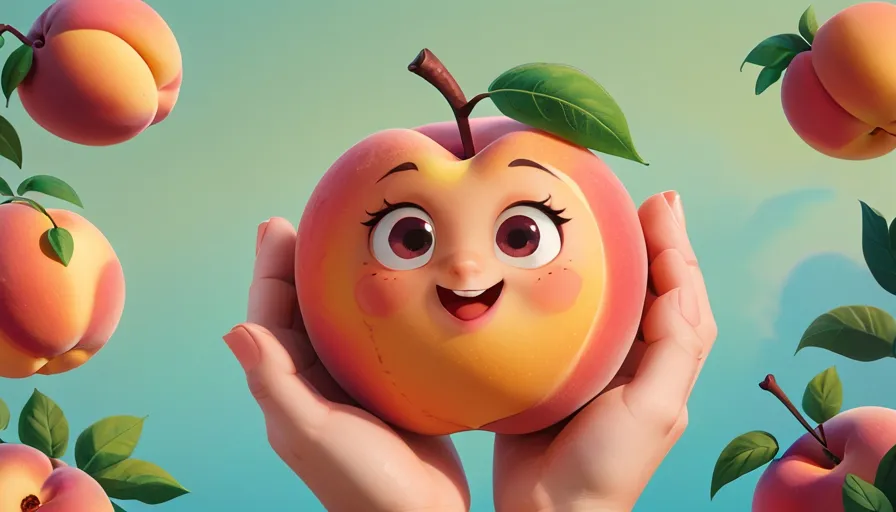 a person holding a peach in front of a group of peaches