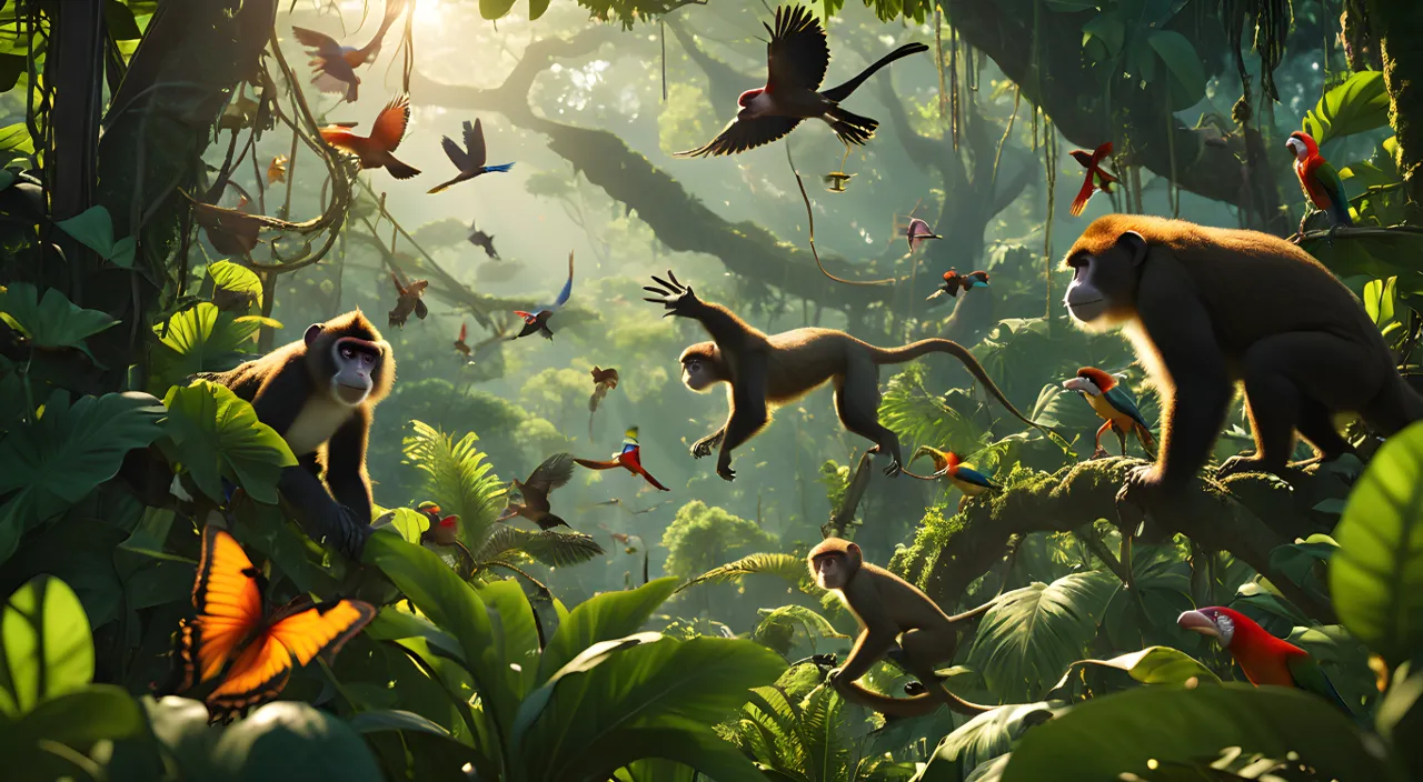 a group of monkeys and other animals in a jungle