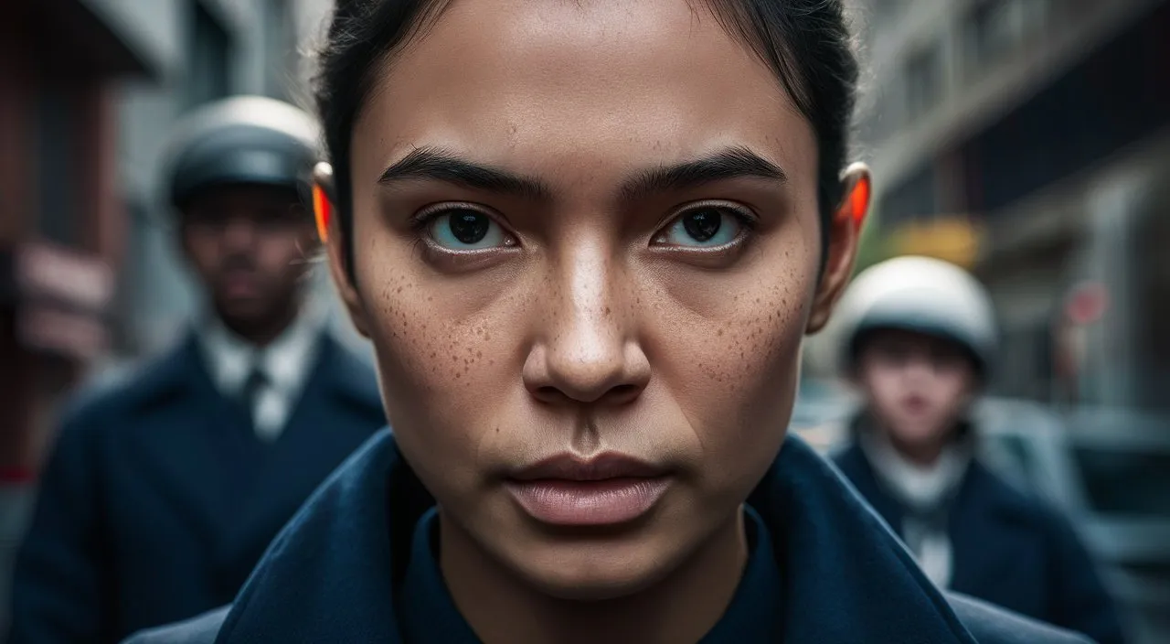 Close-up of a determined face, showing resilience and determination amidst the hustle.