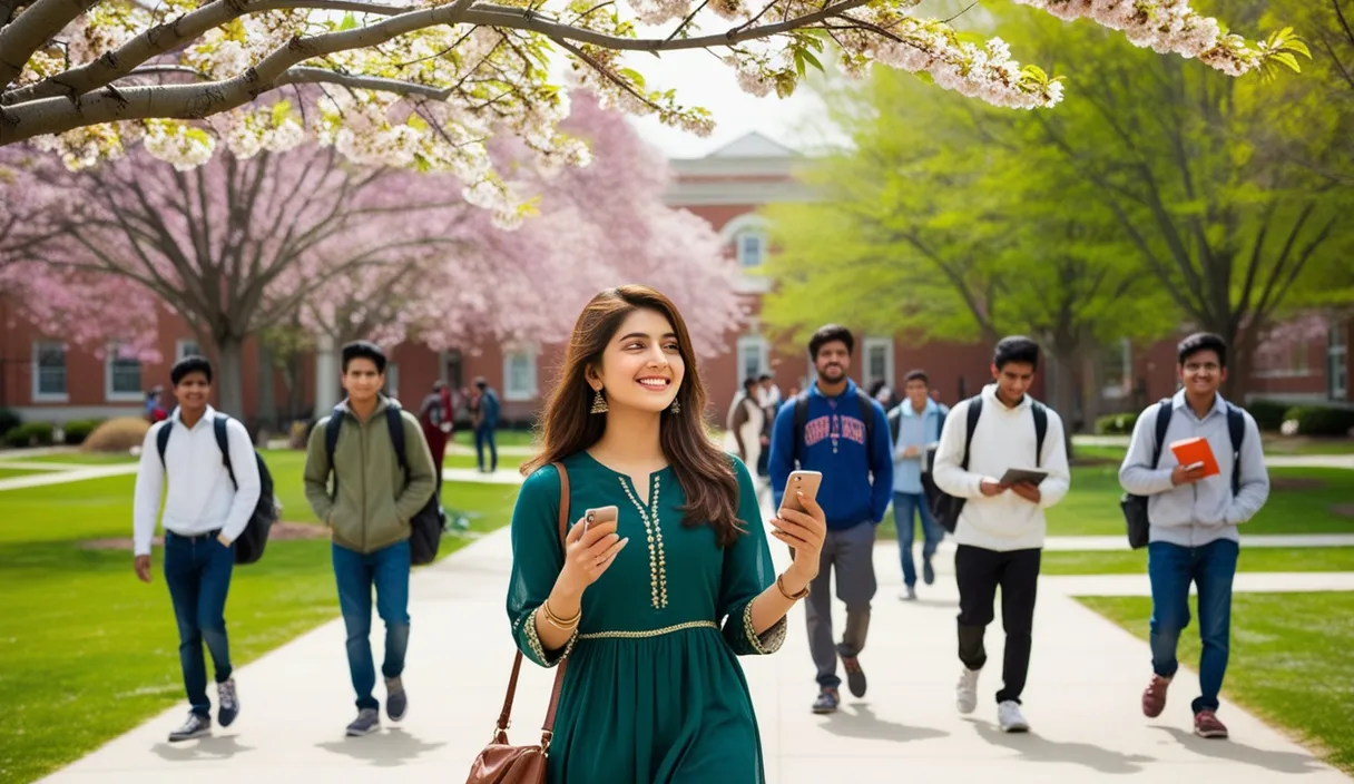 Campus Serenade: On a university campus, a Pakistani girl walking under a blossoming tree, a Bollywood song softly playing from her phone. The 4K wide shot captures students walking by and studying, but her smile and dreamy gaze reveal she is thinking about her boyfriend, who is attending a university in the United States, lost in her own romantic world.