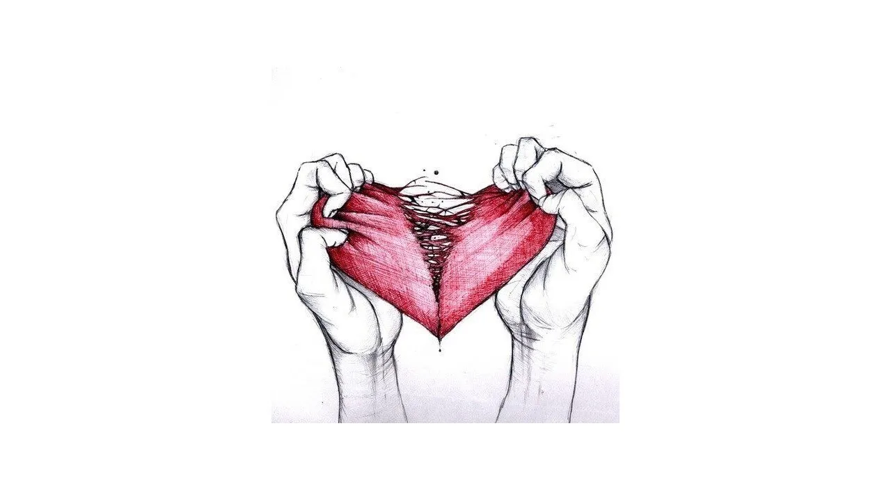 a drawing of two hands holding a red heart