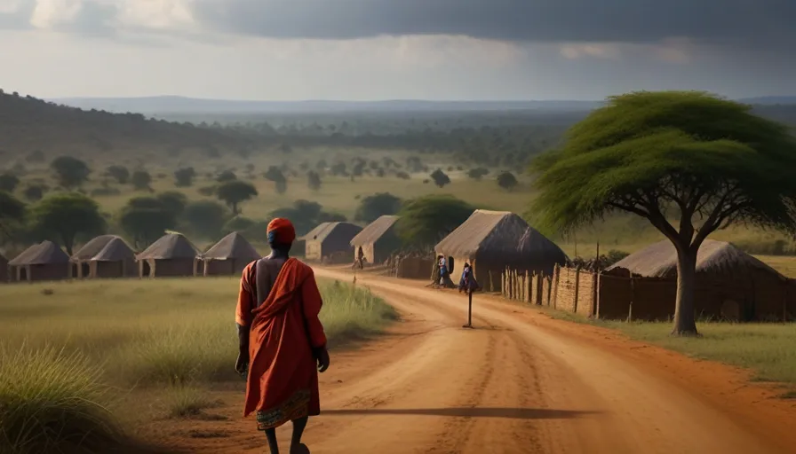 a man walking down a dirt road towards a village