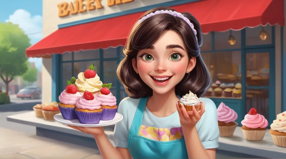 a woman holding a plate of cupcakes and eating  in front of a bakery