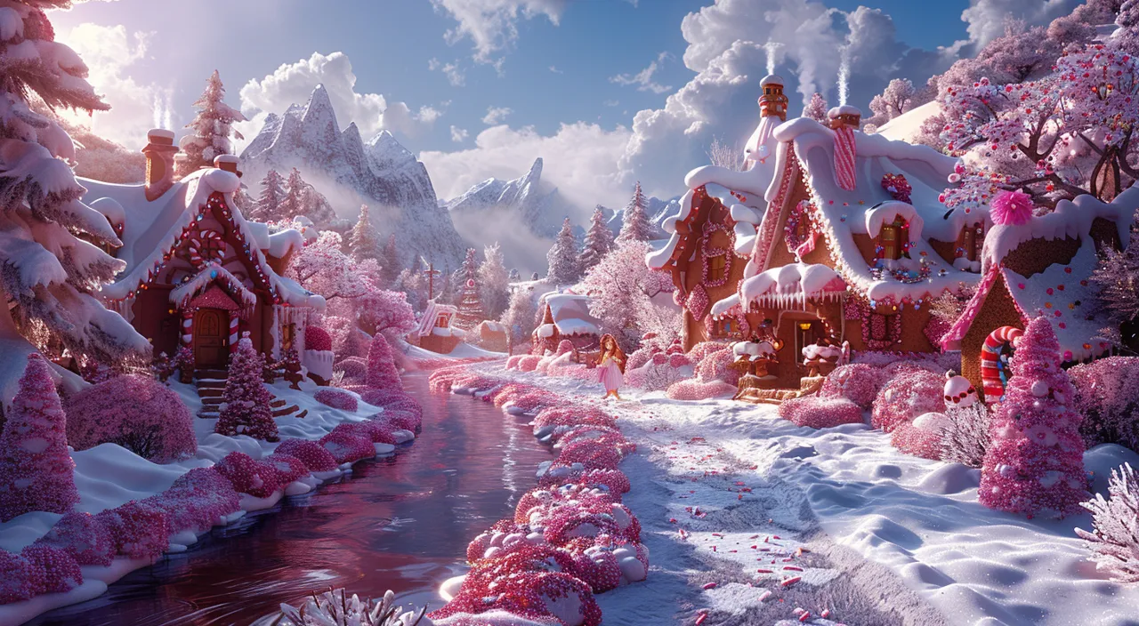 a winter wonderland with pink trees and houses