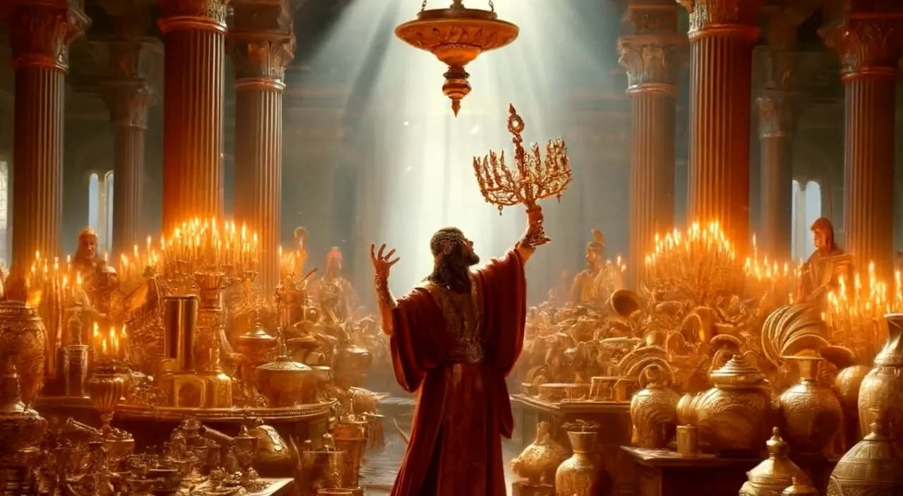 a man in a red robe holding a chandelier