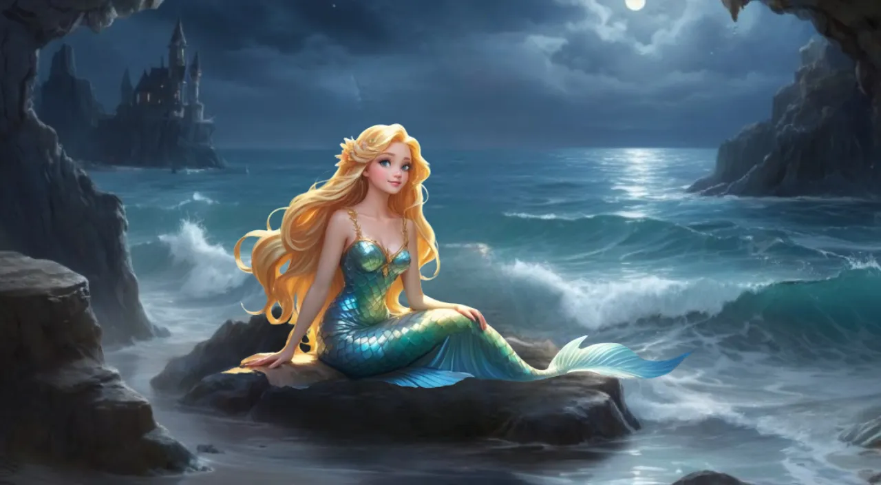 a painting of a calm mermaid sitting on a rock 