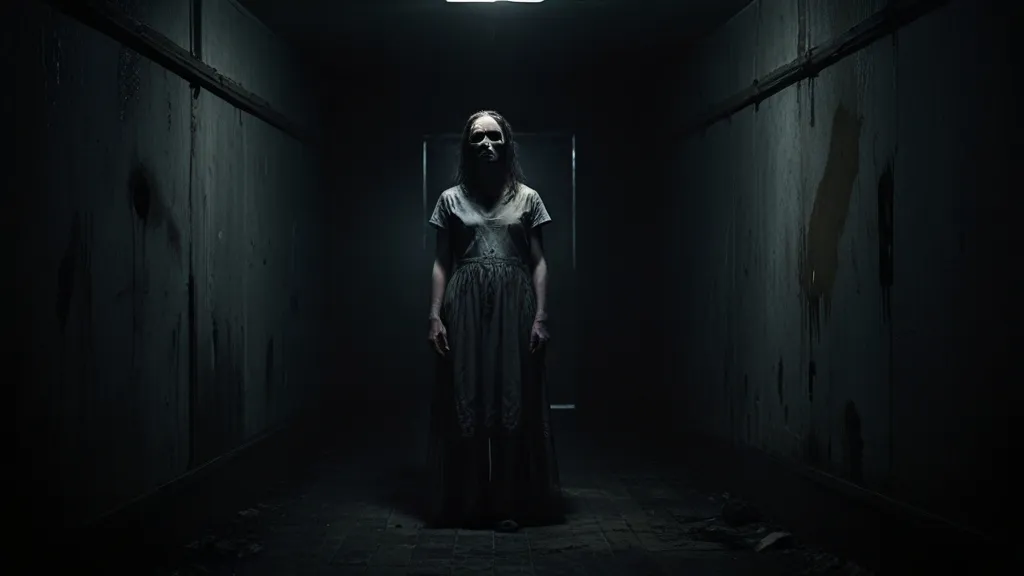 a woman standing in a dark hallway in the dark