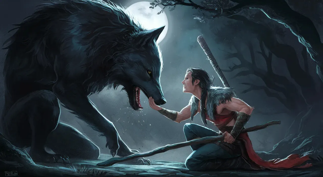 a woman sitting on the ground next to a wolf