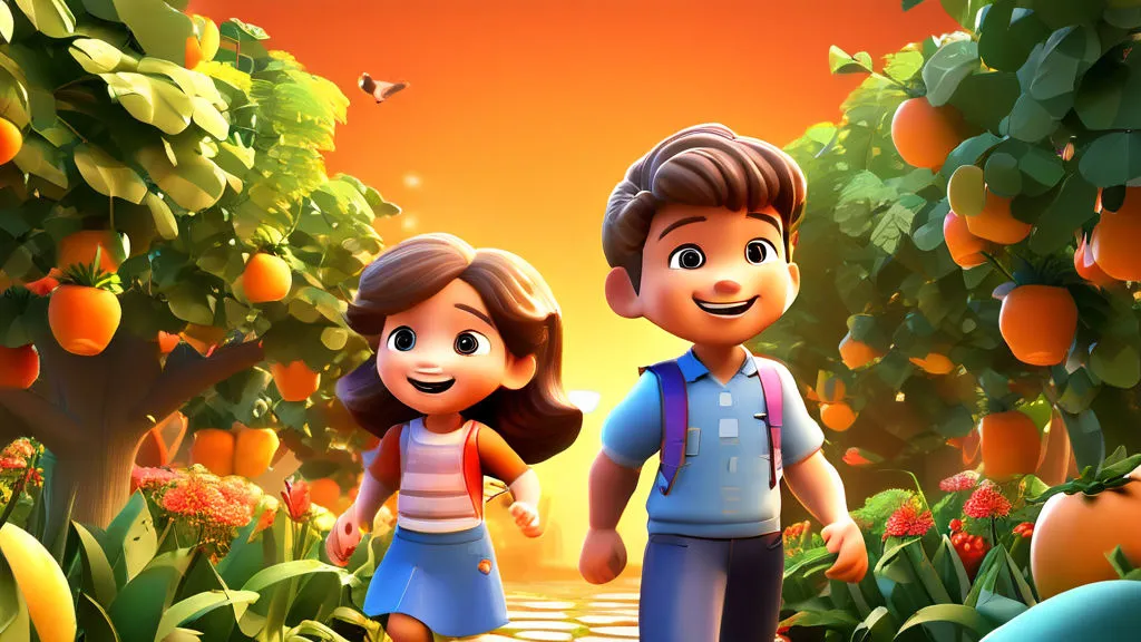 a boy and a girl are walking through an orange grove