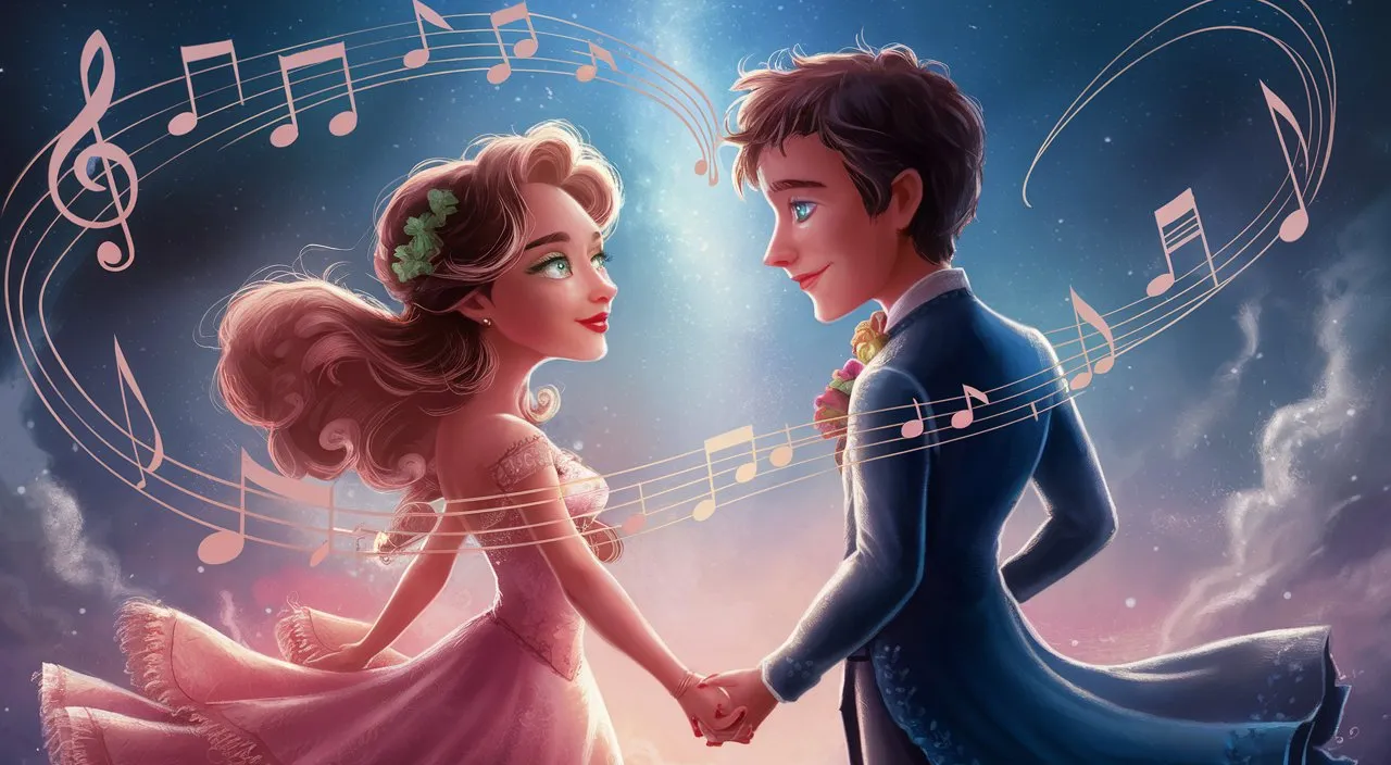 A woman with green eyes and a man with blue eyes, who are engaged, standing under the stars, surrounded by soft musical notes.