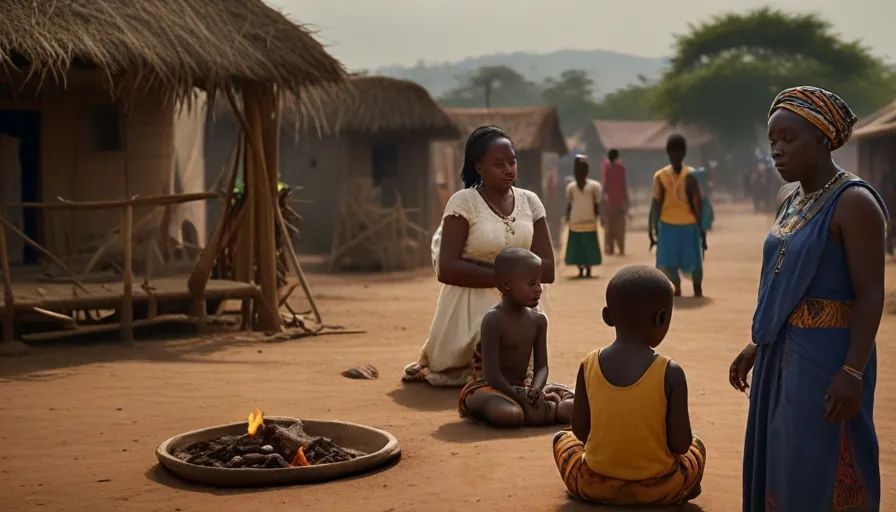 a group of people standing around a fire pit