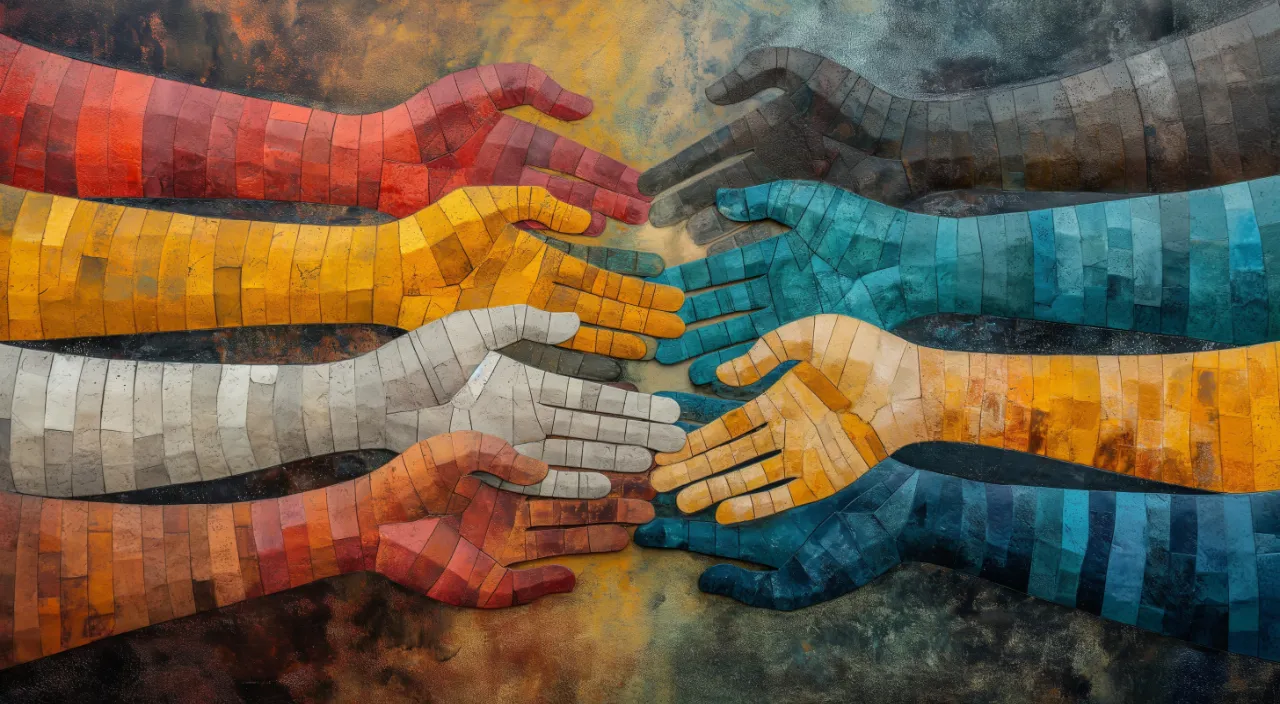 a close up of a painting of a group of hands