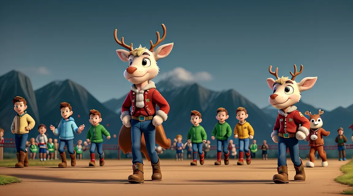 a group of animated characters getting ready for a race walking down a snow forest